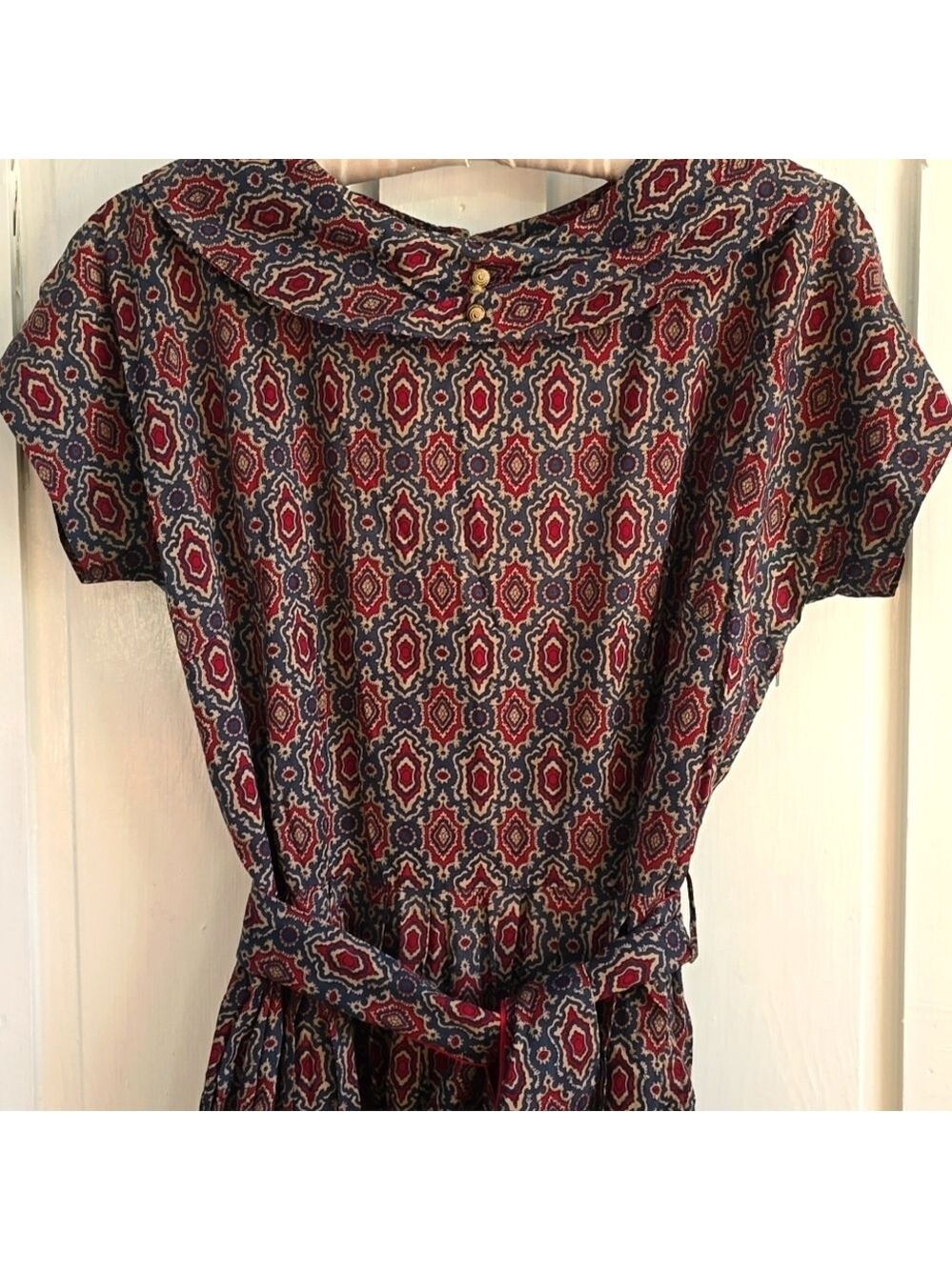 Vintage 50s Gingham Girl Medallion Print A Line Pleated Dress with Pockets